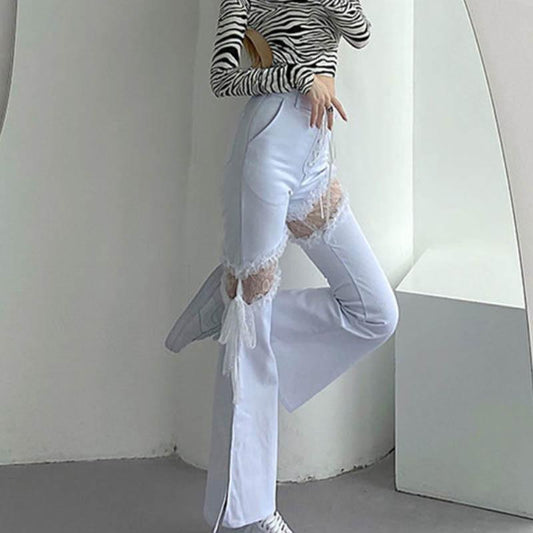 White Openwork Fork Jeans High Waist Thin European and American Style Splicing Bell Pants