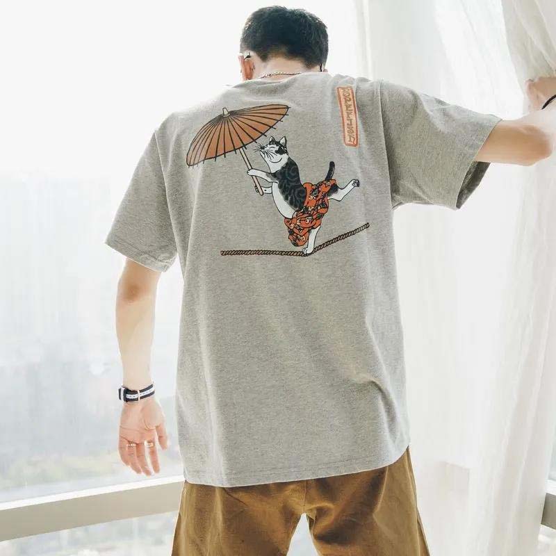Summer New Japanese Five-point T-shirt Men's Retro Acrobatic Cat Printing Comfortable and Versatile Short Sleeves