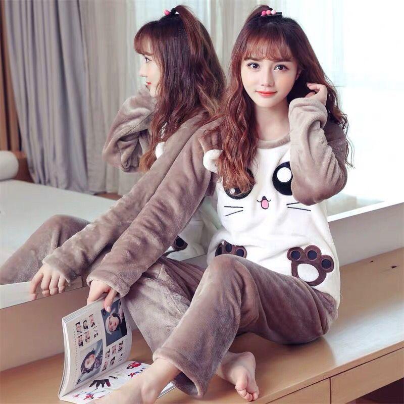 Korean Student Long-sleeved Thickened Flannel Plus Size Home Service Suit Female Winter Coral Fleece Cute Pajamas