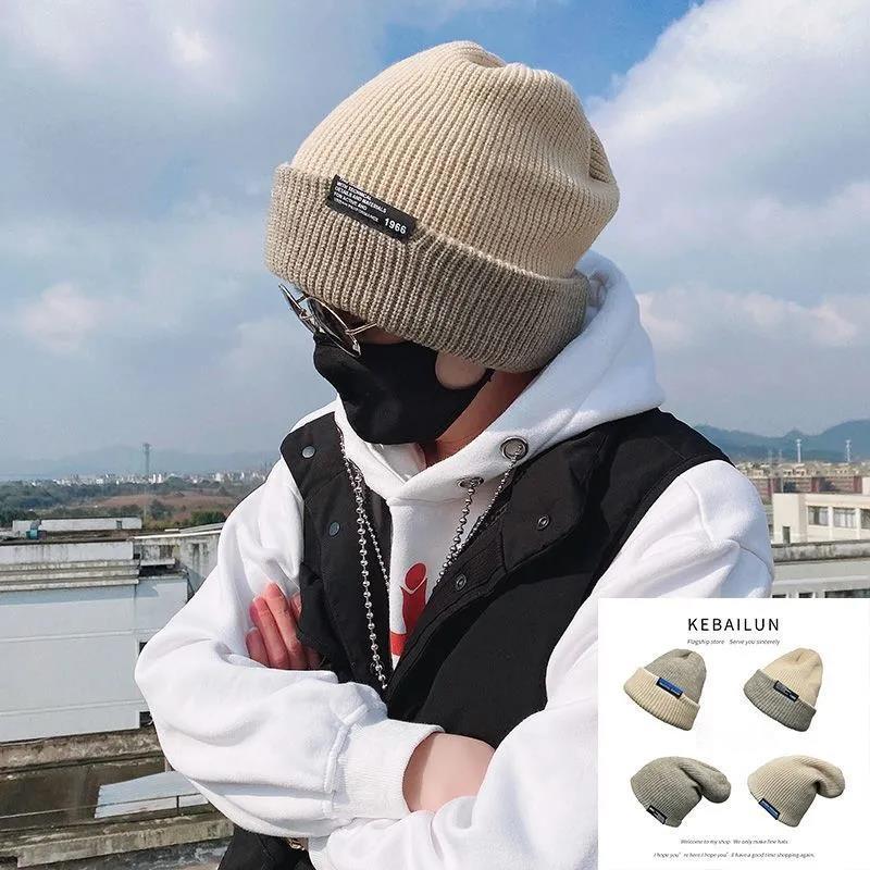 Double-sided Woolen Hat Men's Winter Thickened Warm Knitted Hat Korean Fashion Labeling Big Head Hooded Knitted Hat