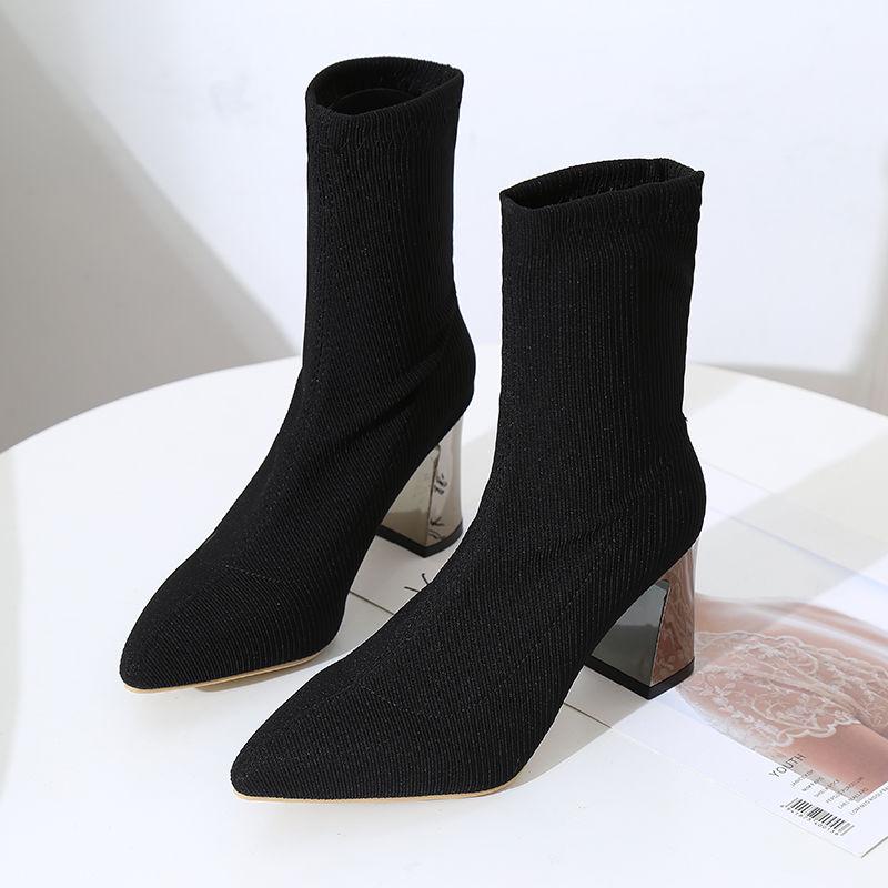 Thick -Heeled High -Heeled Boots Women 'S Wild Black Pointed Toe Boots Stretch -Knit Medium Tube Martin Boots