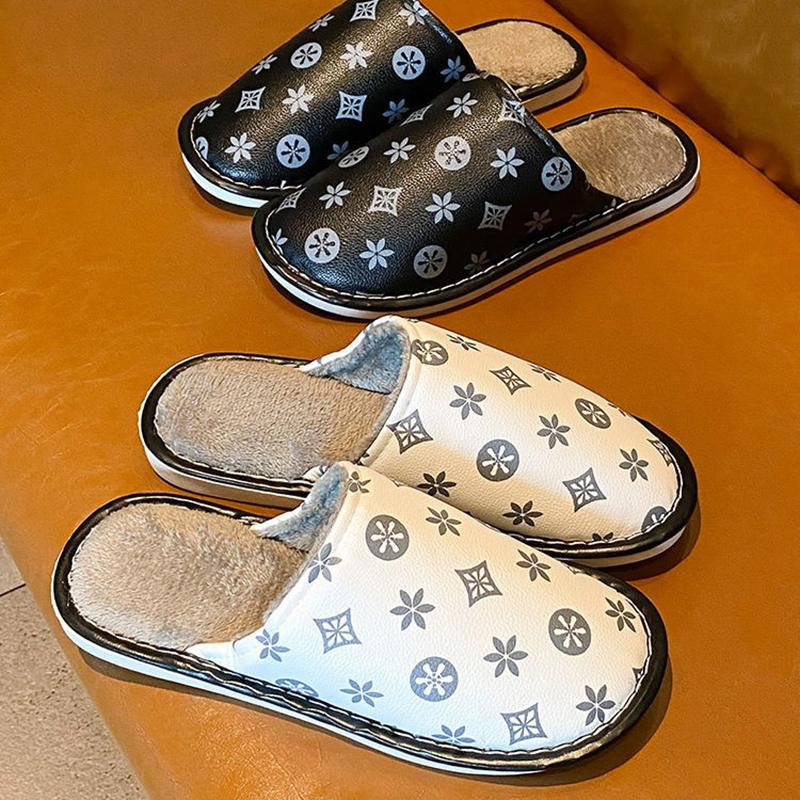 PU Waterproof Slippers Women Men Winter Plush Keep Warm Flat Home Shoes Woman Soft Comfort Female Shoes Sewing Interior Slipper