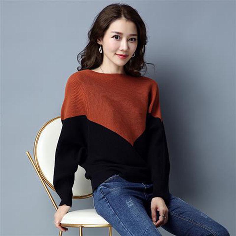 Pofulove Women Batwing Sleeve Pullover Sweater Knit Loose  crew neck Stitching contrast Sweaters top