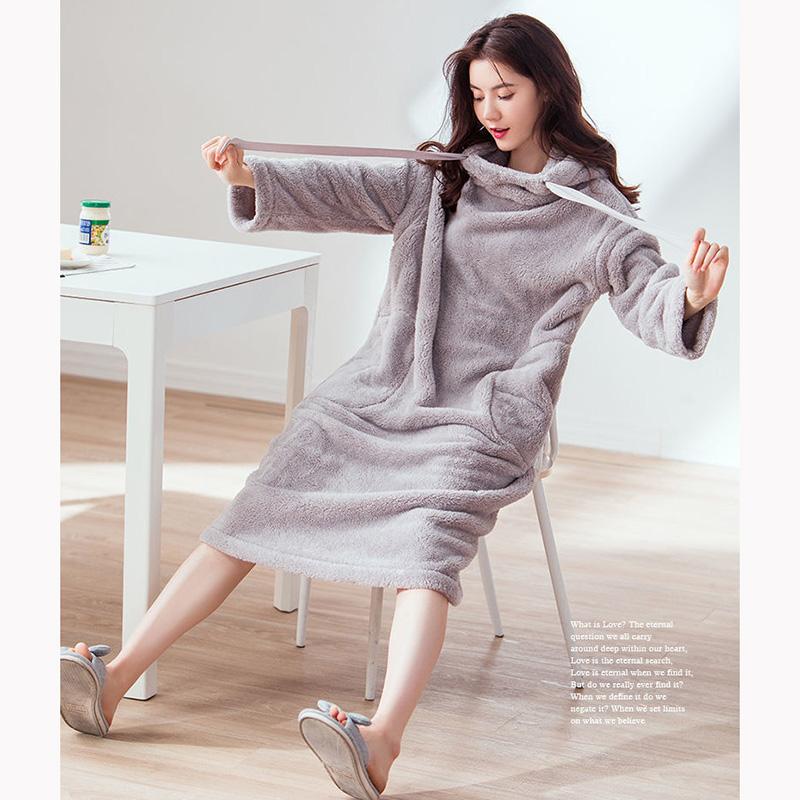 Spring Autumn Coral Fleece Pajamas Ladies Hooded Winter Cute Drawstring Loose Nightgown Bathrobe Women's Hoodies Home Outdoor Wear