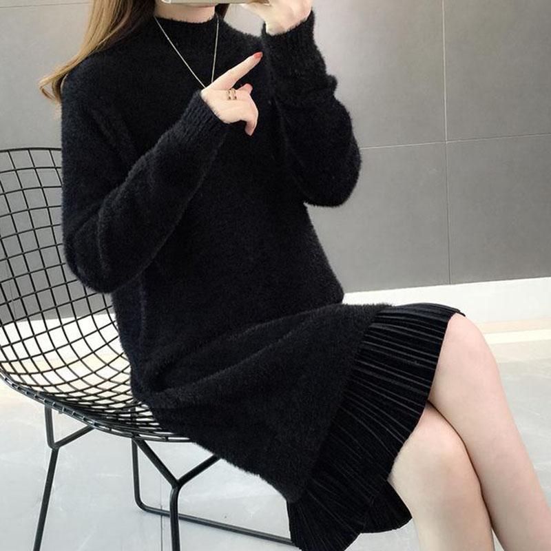 Long Faux Mink Fleece Sweater Winter Bottoming Sweater Thick Warm Knitted Lace Stitching Mohair Sweater Dress