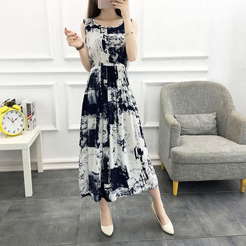 Fashion Boho Summer Cotton Floral Dress Female Vacationer Beach Large Size Printed Sleeveless Dress