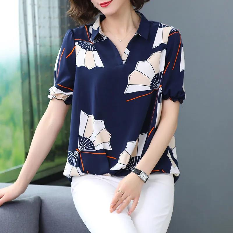 Women's Summer Chiffon Shirt T-shirt Loose Top Short-sleeved V-neck Shirt