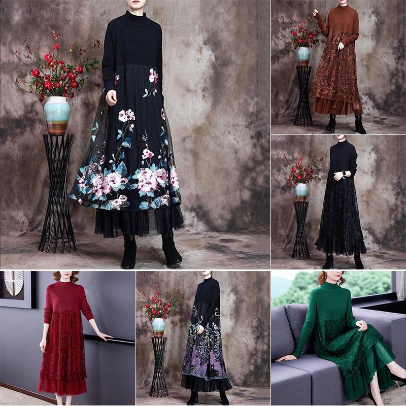 Autumn and Winter Bottoming Skirt Mid-length Retro Ethnic Embroidery Knitted Sweater Dress Long-sleeved Half-high Collar Lace Skirt