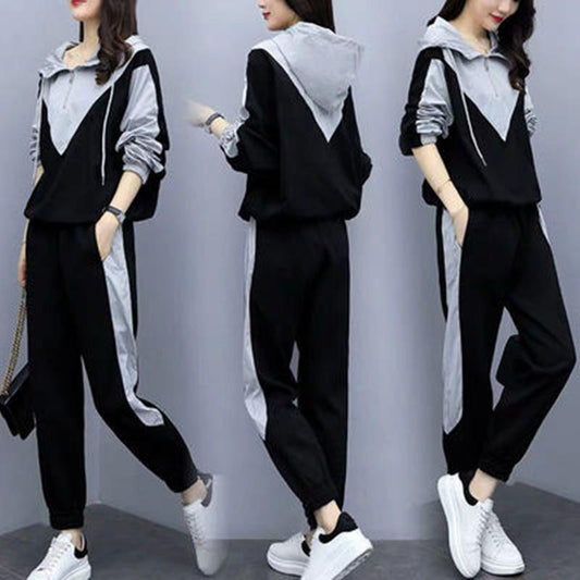 Sports Suit Women's Spring and Autumn Hooded Zipper Loose and Thin Stitching Fashion Casual Two-piece Trendy