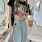 Retro Love Jeans Women's Autumn and Summer Ins High Waist Students Show Thin Slit Loose Straight Wide Leg Trousers