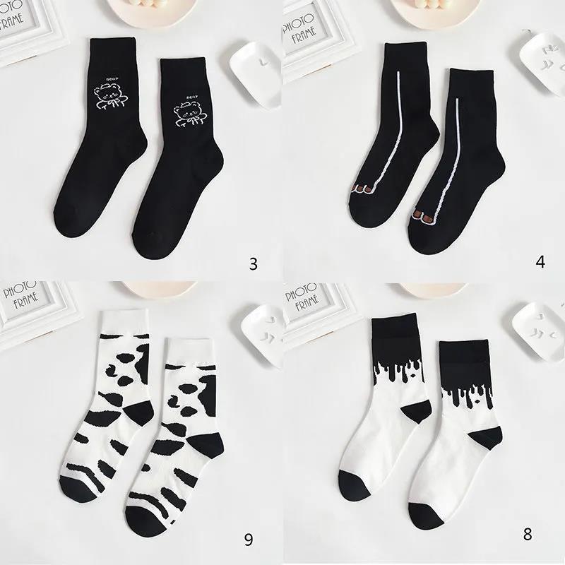 Four Pairs of Women's Cotton Cartoon Socks, Black Cow Pattern Print Socks
