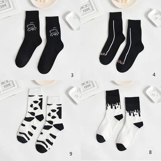 Four Pairs of Women's Cotton Cartoon Socks, Black Cow Pattern Print Socks