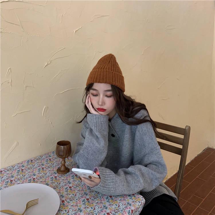 Pofulove Sweater Female Students  Loose Long-sleeved Knitted Winter New Candy-colored Hooded