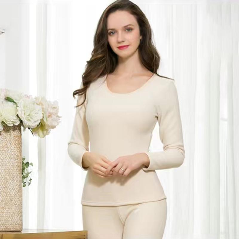 Women Winter Autumn Thermal Underwear Plus Velvet O-neck Tops Pants Female Thicken Windproof Comfortable Soft Lining Long Sleeve High Elasticity Slim