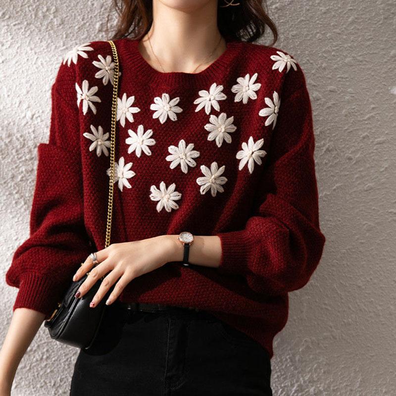 Sweater Women's Plate Flower Round Neck Pullover Knitwear Korean Loose Solid Color Ladies Style Trending Sweater Autumn Winter