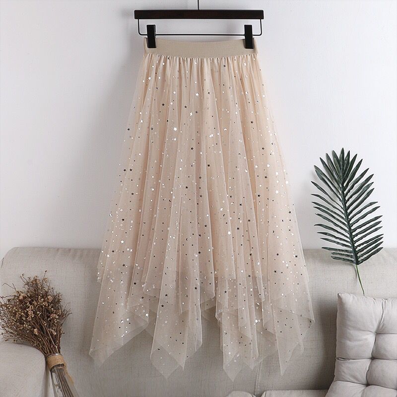 Star Sequins Irregular Velvet Mesh Skirt Mid-length Skirt Plus Size A-line Skirt Fairy Skirt Four Seasons Skirt