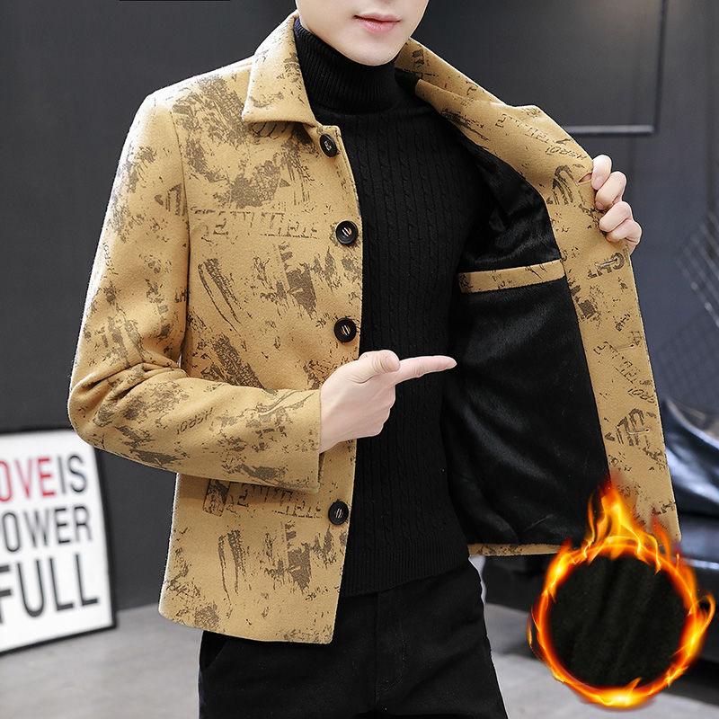 Men's Woolen Coat Autumn and Winter Korean Style Trendy Windbreaker Men's Short British Style Plus Velvet Coat Print