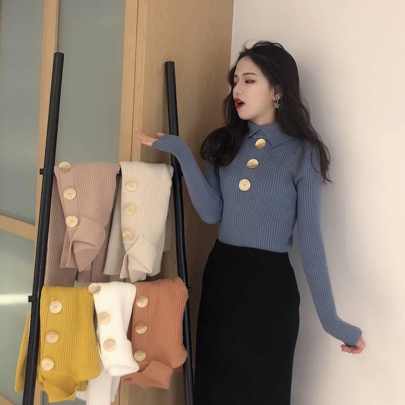 Pofulove Sweater Warm Winter Slim Fit Thin Thick Core Yarn Lapel Sweater Long Sleeve