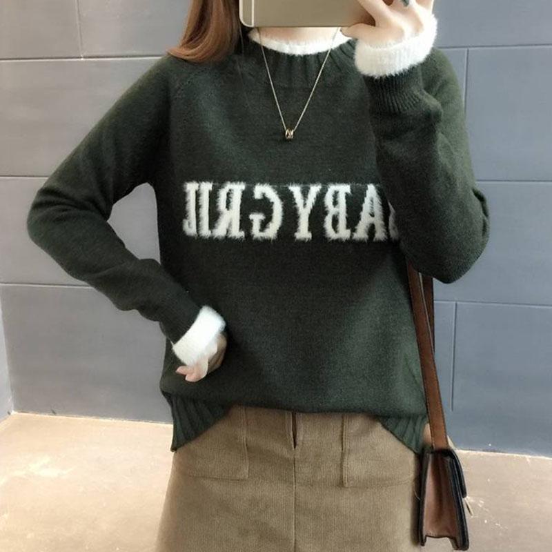 Pofulove women's Embroidered sweater fine-knit pullover sweater mock turtleneck fluffy plush cuffs