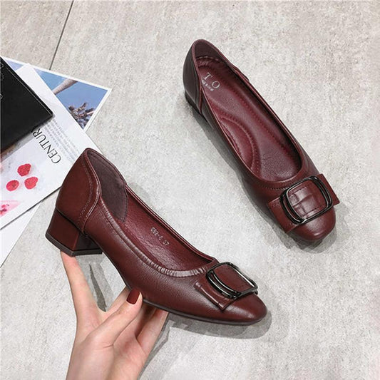All-match Shallow Mouth Thick Heel Single Shoes Women Soft Leather Grandma Shoes Mid-heel Women Leather Shoes Women Work Shoes