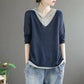 Literary Retro Fake Two-piece T-shirt Women's Loose and Thin Hooded Top Knitted Sweater Spring