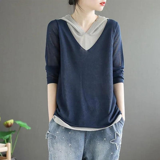 Literary Retro Fake Two-piece T-shirt Women's Loose and Thin Hooded Top Knitted Sweater Spring