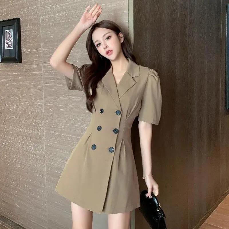 Summer Waist Thin Suit Collar Dress All-match Temperament Can Be Salty or Sweet Midi Skirt Women's Solid Color Casual A-line Skirt