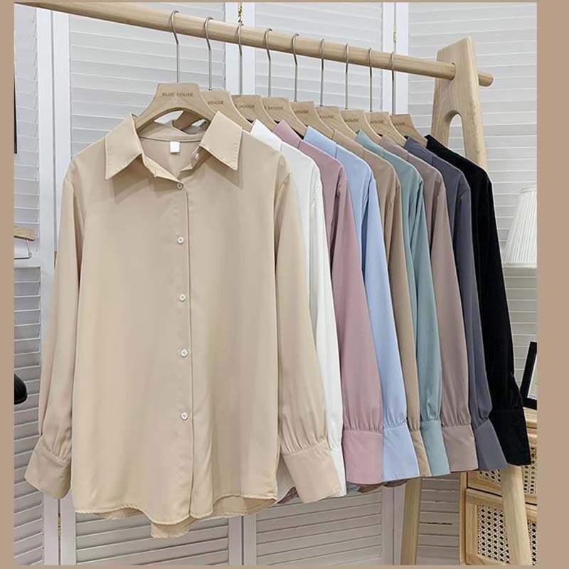 Solid Color Shirt Women's Morandi Long Sleeves Temperatement All-match Simple Shirts Loose Retro Chiffon Lapel Top Button Shirt