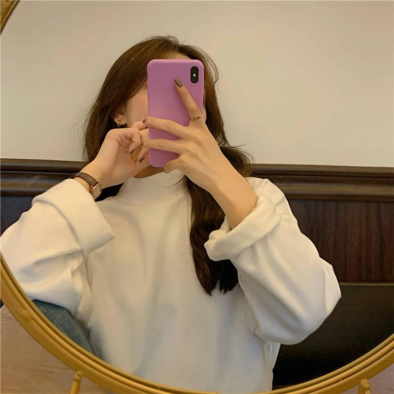 PofuloveT-shirt Women Loose Wild Long-sleeved Bottoming Winter Half-high Collar Fleece Thickened