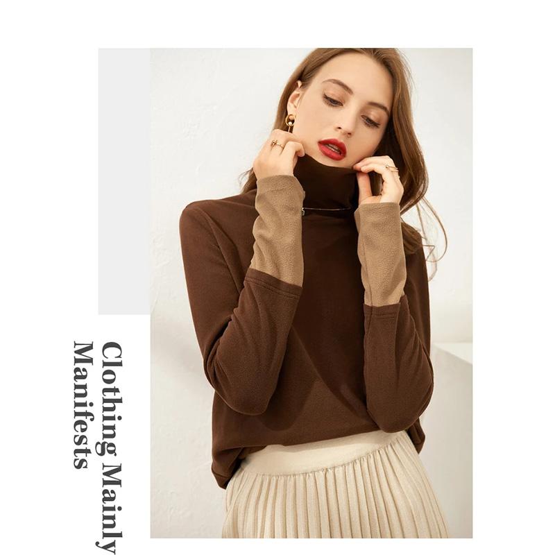 Women's High Neck Knitted Shirt Skin-friendly Breathable Stitching Color Bottoming Shirt Pull Over High Collar Loose Fit Long Sleeves T-shirt Basic