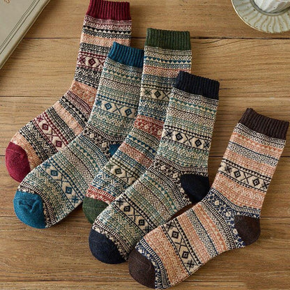 5 Pairs Retro Flower Socks Autumn Winter Ethnic Style Cotton Stockings Thick Thermal Line Diamond Knitted Warm Warm Socks Mid Tube Socks