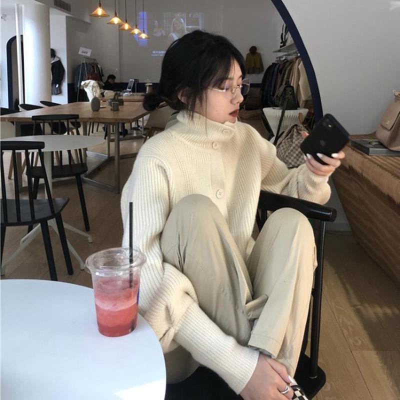 Spring  Autumn Design Sense Lapel Solid Color Vertical Pattern Sweater Cardigan Girl Student Casual Fashion All-match Knitted Cardigan