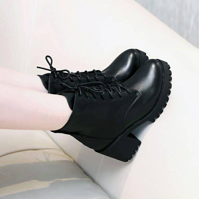 Martin Boots Women Platform Shoes Lace Up Pu Leater Shoes Women Chunky Heels Shoes Woman