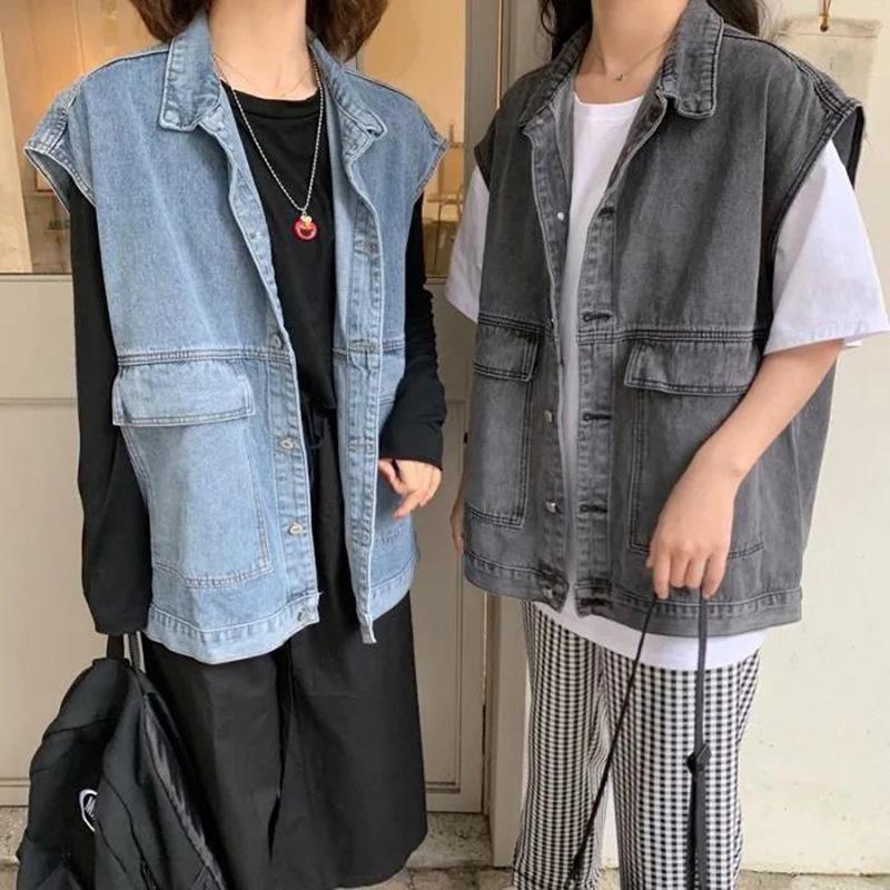 Solid Color Women's Denim Vest Sleeveless Spring and Summer Loose Casual Coat Big Pocket