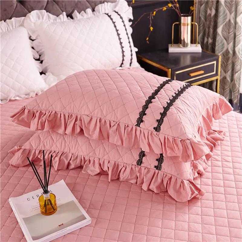 Korean Version of Pure Cotton Lace Stitching Pillowcase Princess Style Lace Solid Color Pillowcase Pair Set