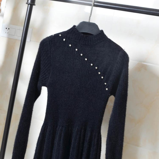 Casual Lady Black Knitted Bottoming Shirt Mink Sweater Long Sleeve O-Neck Pullover Winter Long Dress