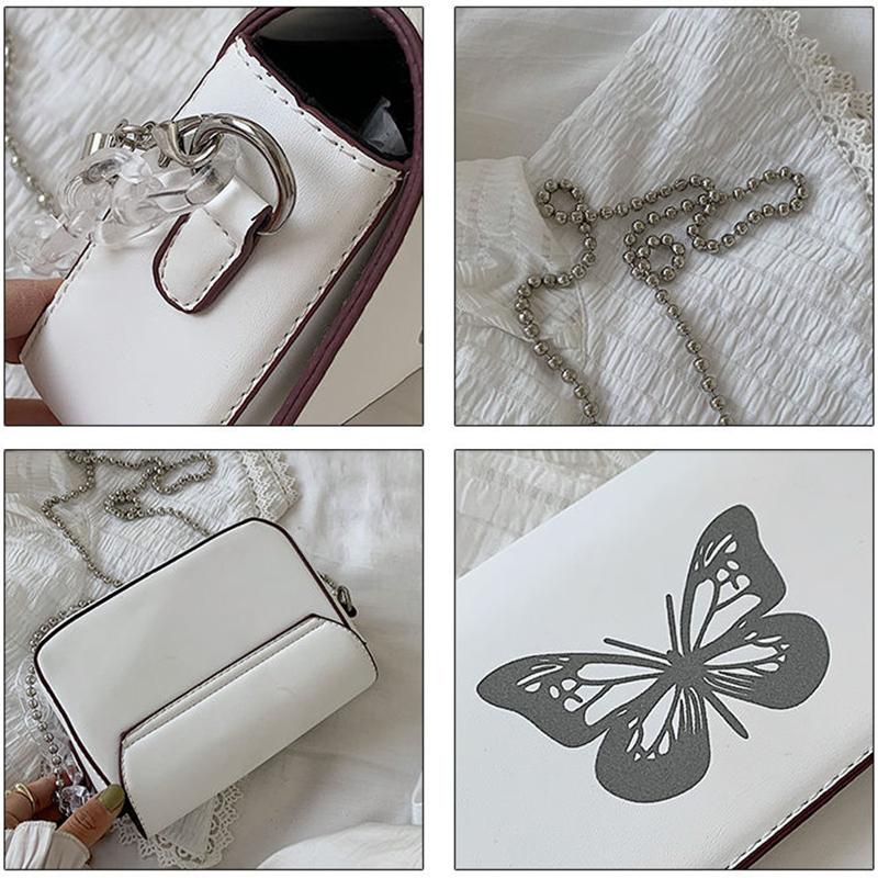 Butterfly Print Chain Shoulder Bags Casual Female Crossbody Bags Portable PU Leather Multi-Layer Transparent Chain Handbag