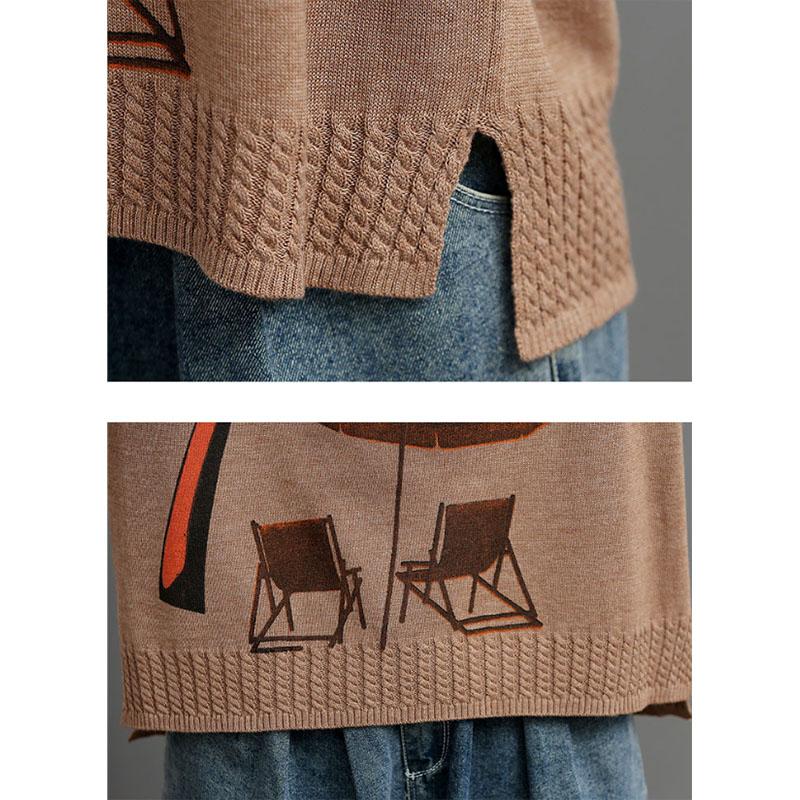 Cotton Thread Three-quarter Sleeves Ethnic Style Literary Retro Print Pullover Loose All-match Knitted Sweater Women