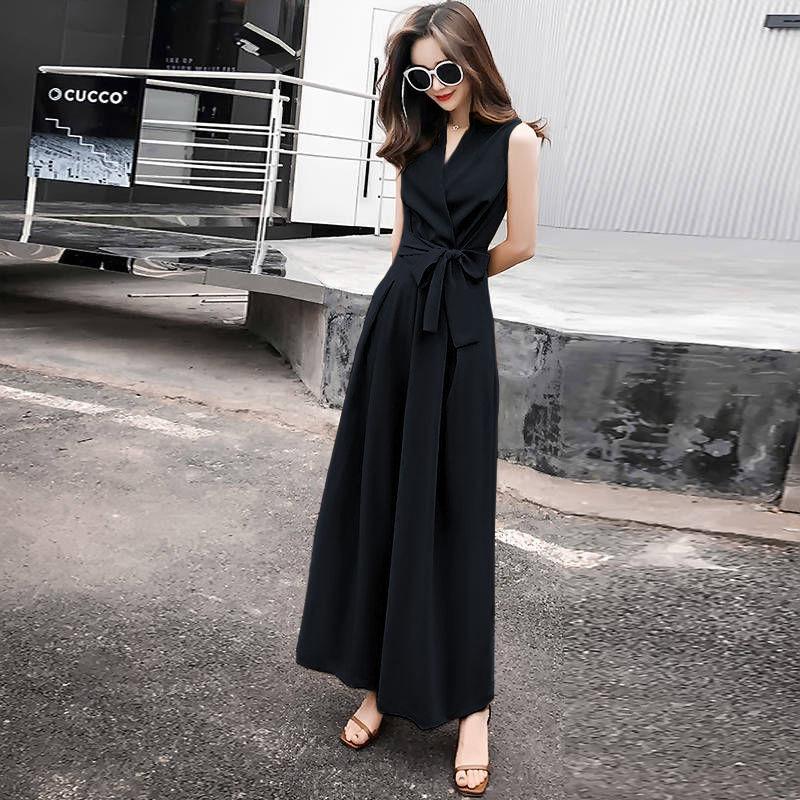 One-piece Wide-leg Pants Women's Summer Leisure V-neck Slim-fitting Jumpsuit Suit Chiffon Fabric Light and Breathable Waist Slimming One-piece Suit