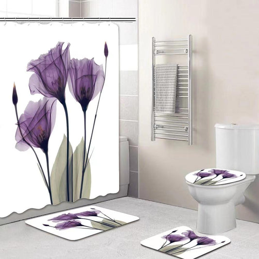 Creative Simple Shower Curtain 3D Four-piece Home Bathroom Waterproof Curtain Set Anti-mold Printing Shower Curtain Cloth Toilet Cushion Kit