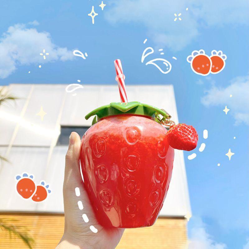 Ins Wind Net Red Strawberry Straw Cup Plastic Cup Cute Female Hand-held Milk Tea Cup Student Portable Water Cup Water Bottle