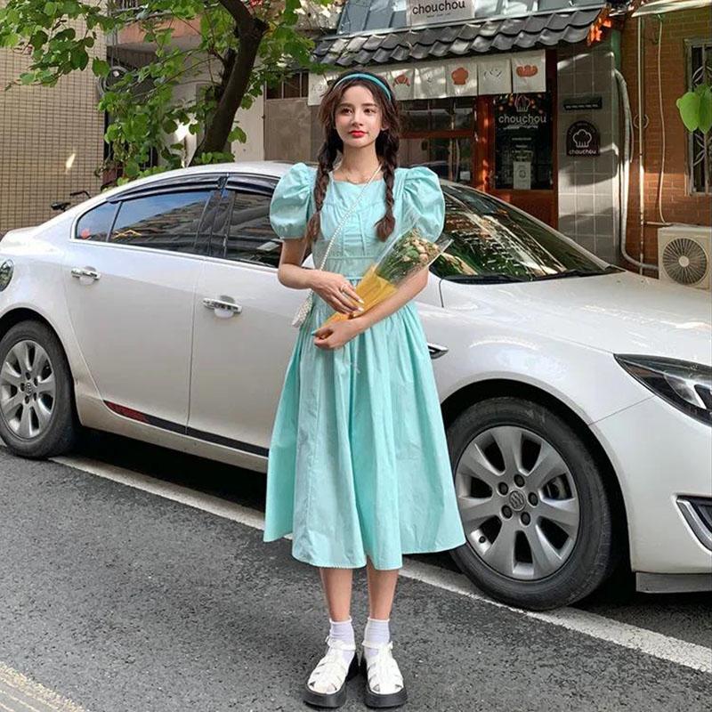 Women's Summer Puff Sleeve Dress Solid Color Slim Square Collar Long Dress