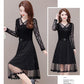 Spring and Summer Black V-neck Lace Stitching Dress Mesh Large Size Waist Skirt A-line Dress Covering Belly Mid Skirt