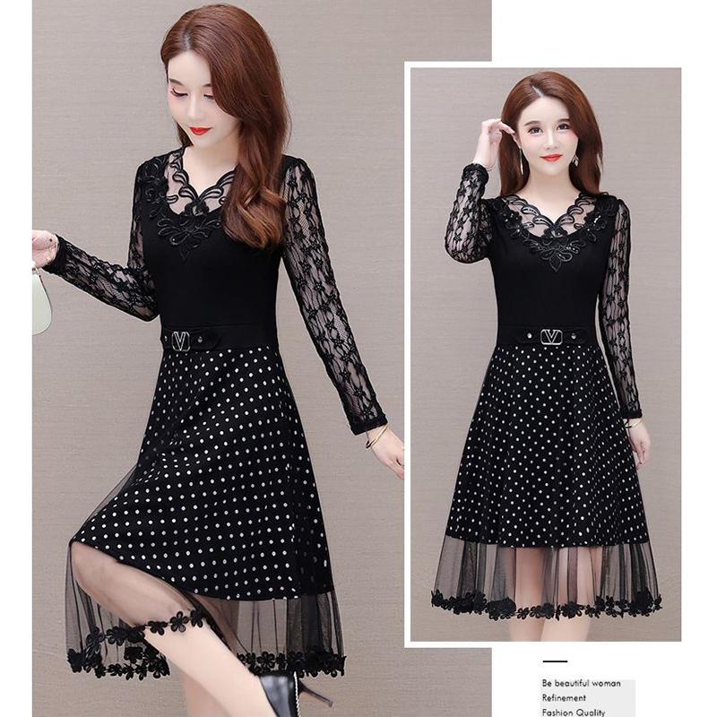Spring and Summer Black V-neck Lace Stitching Dress Mesh Large Size Waist Skirt A-line Dress Covering Belly Mid Skirt