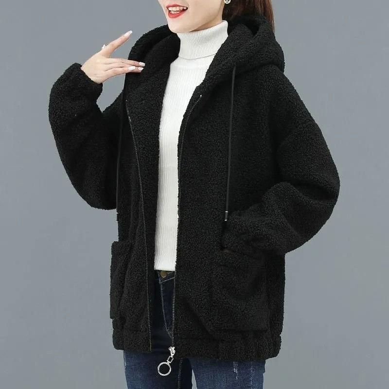 Autumn and Winter Hooded Zipper Cardigan Plus Velvet Thickening Imitation Lamb Velvet All-match Loose Warm Jacket Women