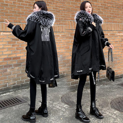 Winter Mid-length ParkasThe Korean Version of Loose Fur Collar Jacket Personality Down Padded Jacket for Woman