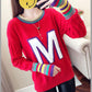 Letter Printed Sweater Women's Casual Striped Stitching Sleeve Pullover Sweater Autumn and Winter Students Loose Knit Top Outer Wear