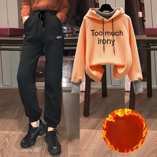 Women's Leisure Plus Velvet Thickening Suit Sports Pants Loose Feet + Leisure Hoodie Two-piece Loose Leisure Suit Comfortable and Warm