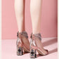 Leather High-heeled Net Boots Women Spring and Summer Pointed Thick Heel Rhinestone Sandals Women's Breathable Mesh Sandals