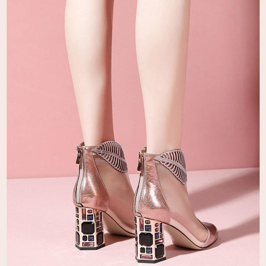 Leather High-heeled Net Boots Women Spring and Summer Pointed Thick Heel Rhinestone Sandals Women's Breathable Mesh Sandals